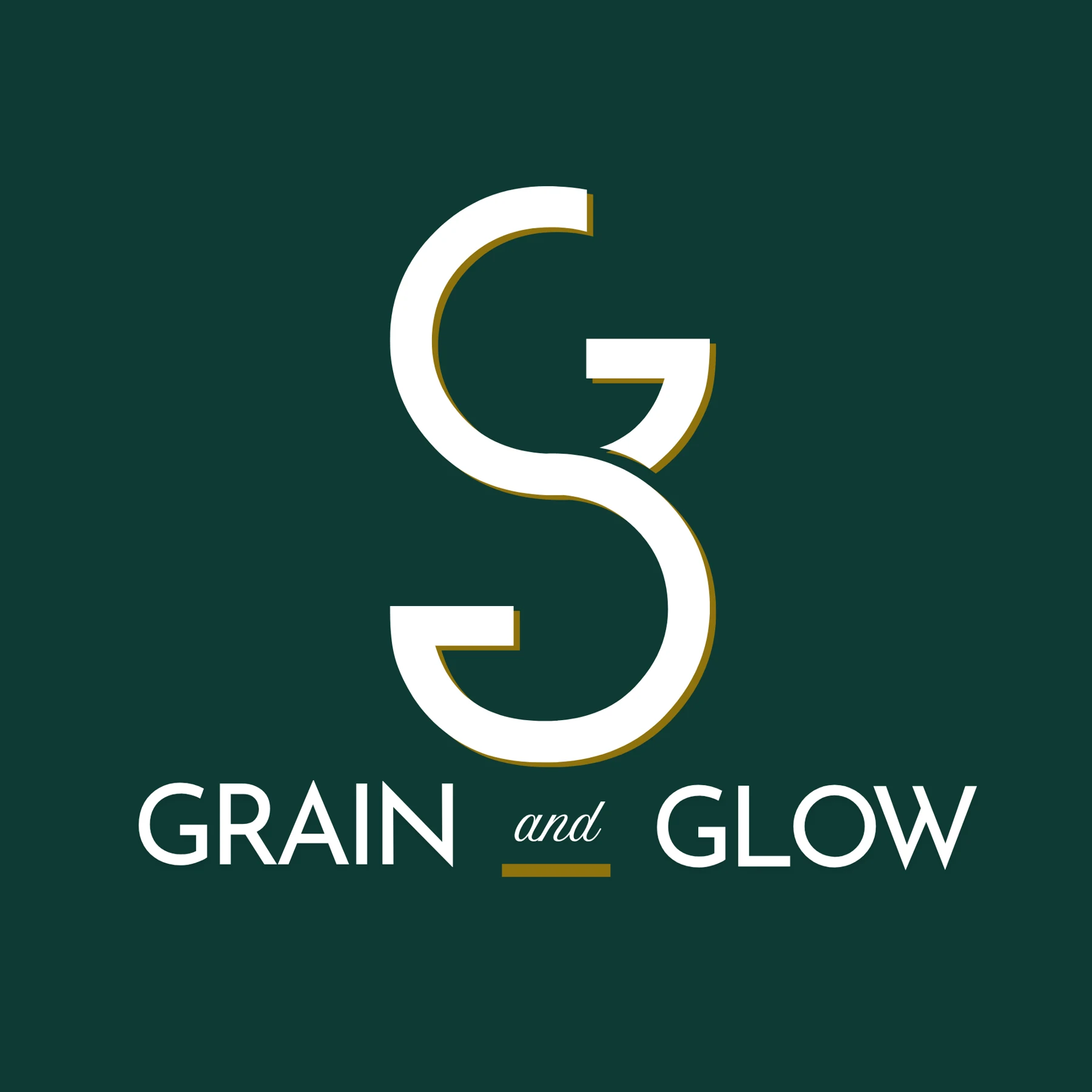 Original Grain and Glow white monogram and wordmark with gold accents on a dark green background