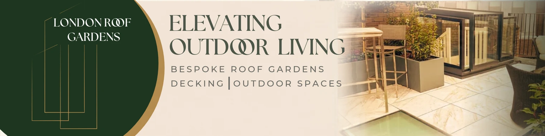 London Roof Gardens LinkedIn banner with outdoor living imagery and a green-and-cream layout