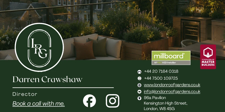 London Roof Gardens email signature for Darren Crawshaw with logo, contact details and social icons