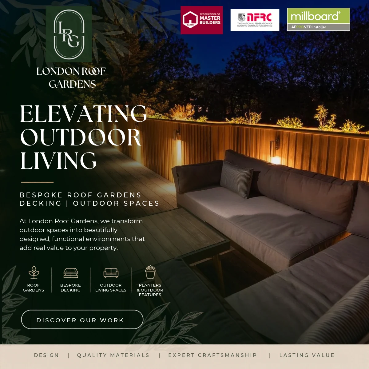 London Roof Gardens promotional graphic with a roof terrace photograph, service copy and green branding