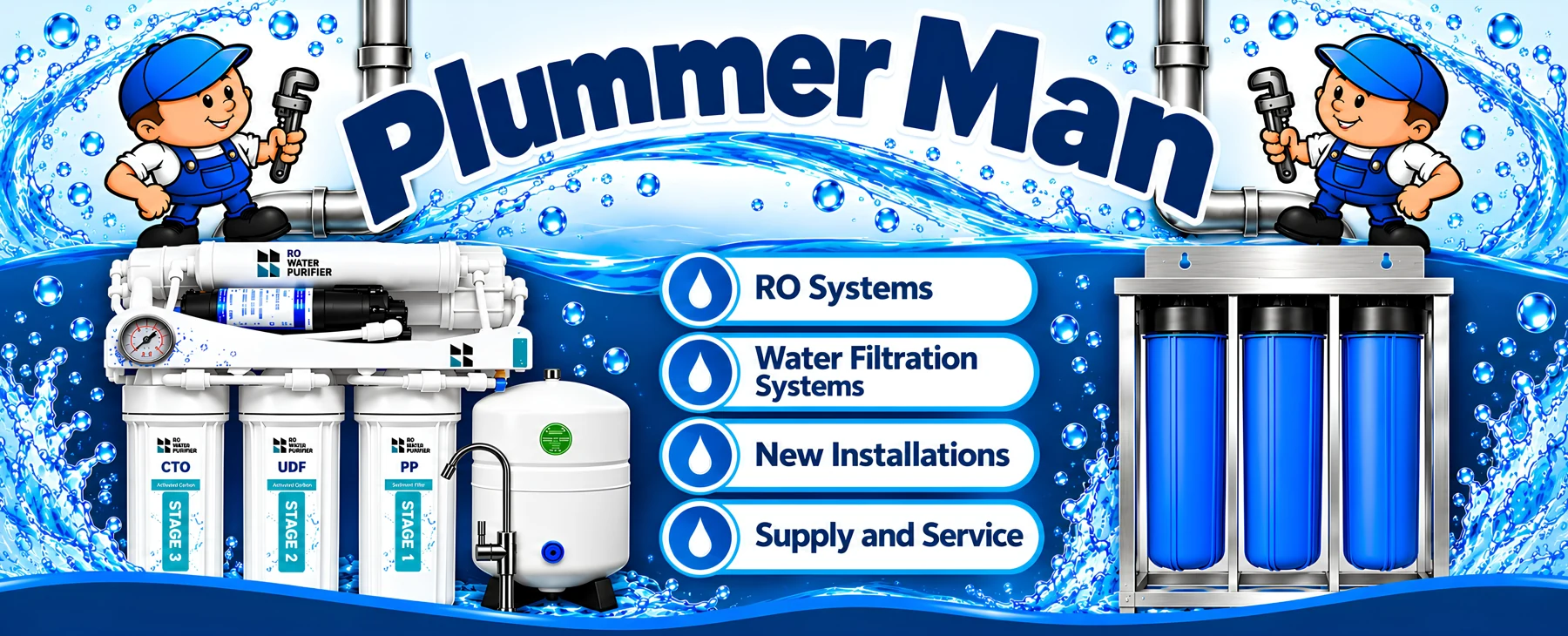 Plummer Man water-filtration design showing RO equipment, filters and installation and service information
