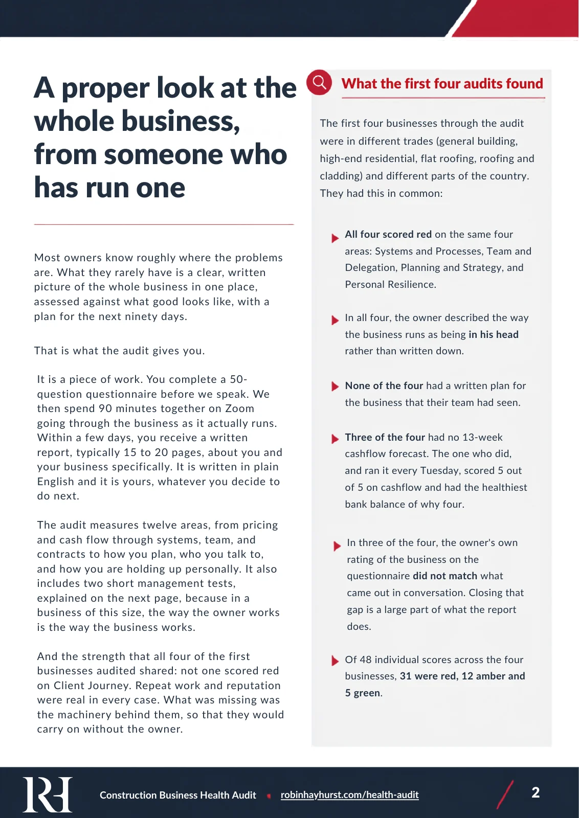 Page 2 of the Construction Business Health Audit brochure designed for Robin Hayhurst