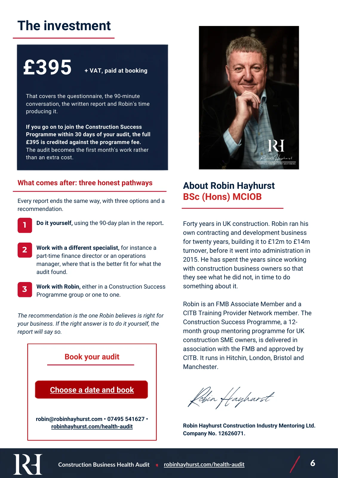 Page 6 of the Construction Business Health Audit brochure designed for Robin Hayhurst