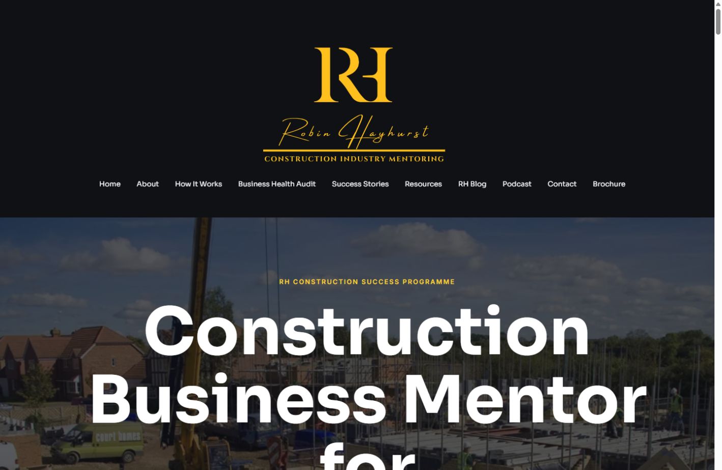 Robin Hayhurst website showing the gold RH identity and construction business mentoring headline
