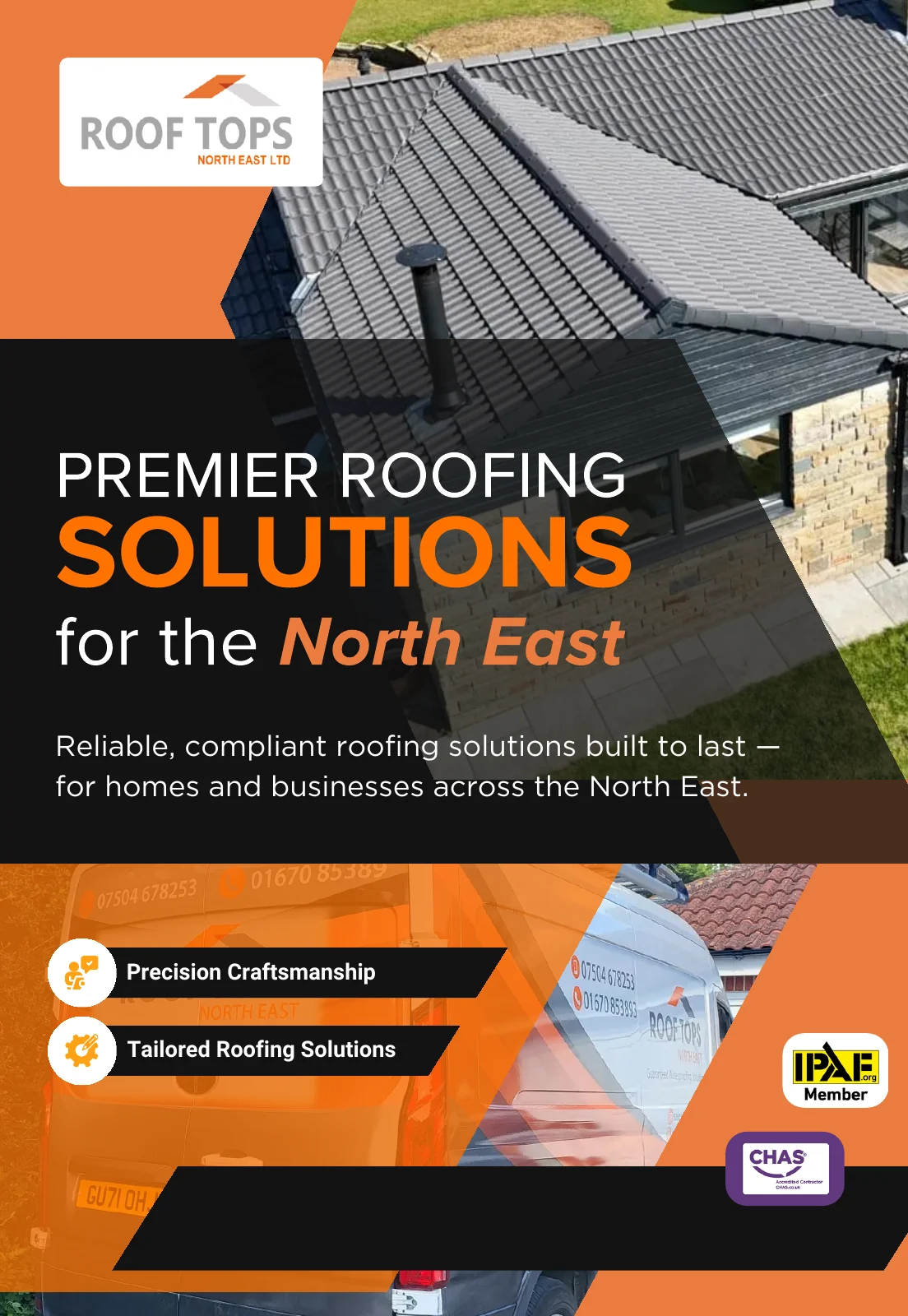 Page 1 of the Roof Tops North East service brochure, with copy and layout by Mosaic