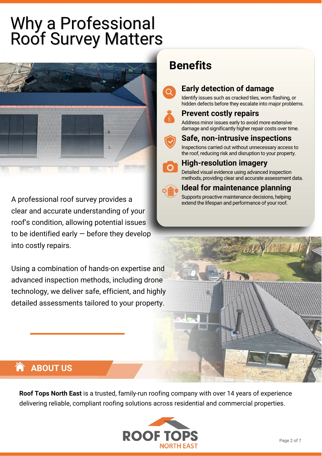 Page 2 of the branded roof inspection document designed for Roof Tops North East