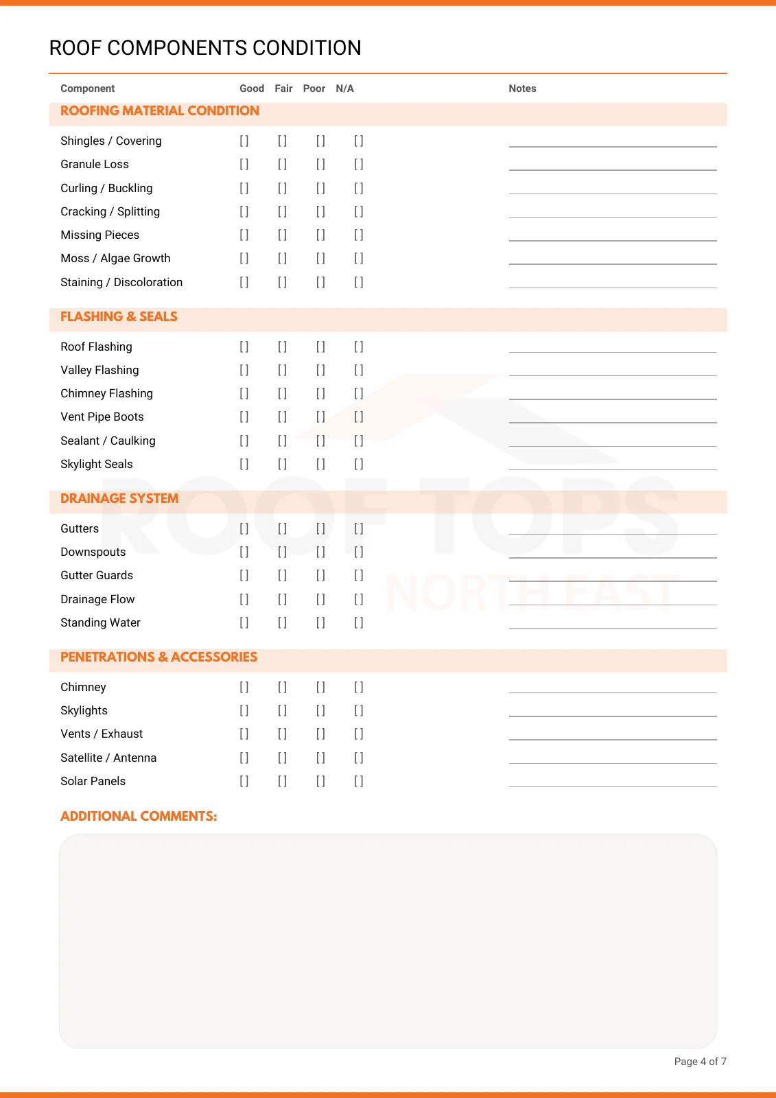 Page 4 of the branded roof inspection document designed for Roof Tops North East