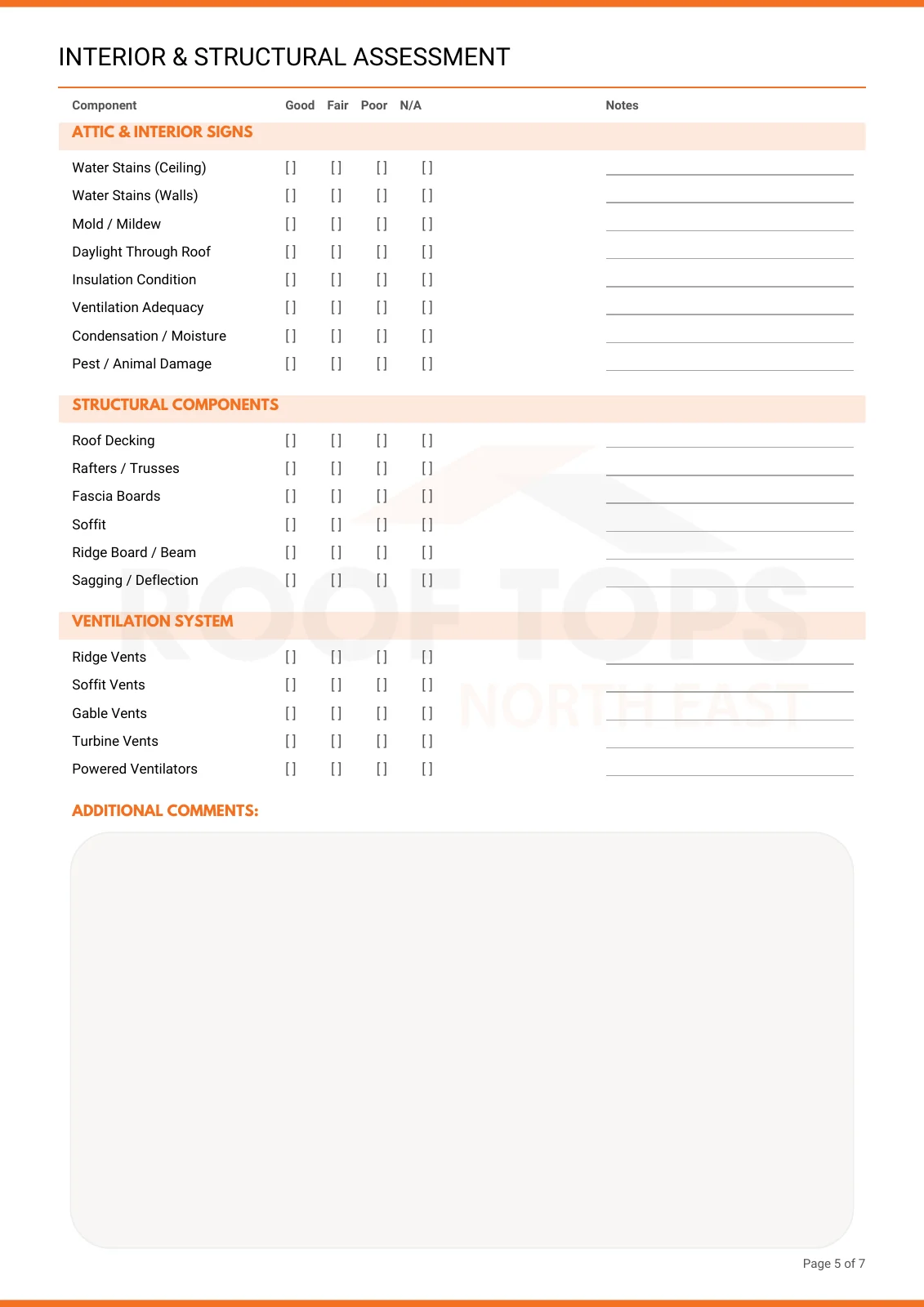 Page 5 of the branded roof inspection document designed for Roof Tops North East