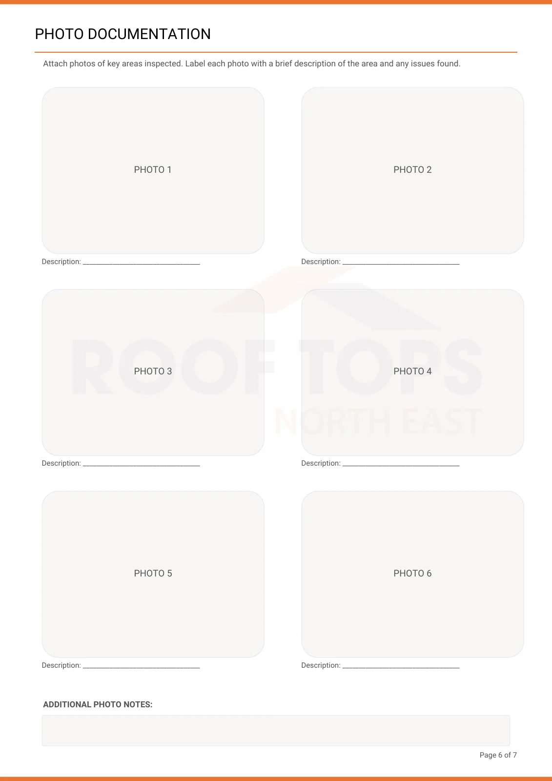Page 6 of the branded roof inspection document designed for Roof Tops North East