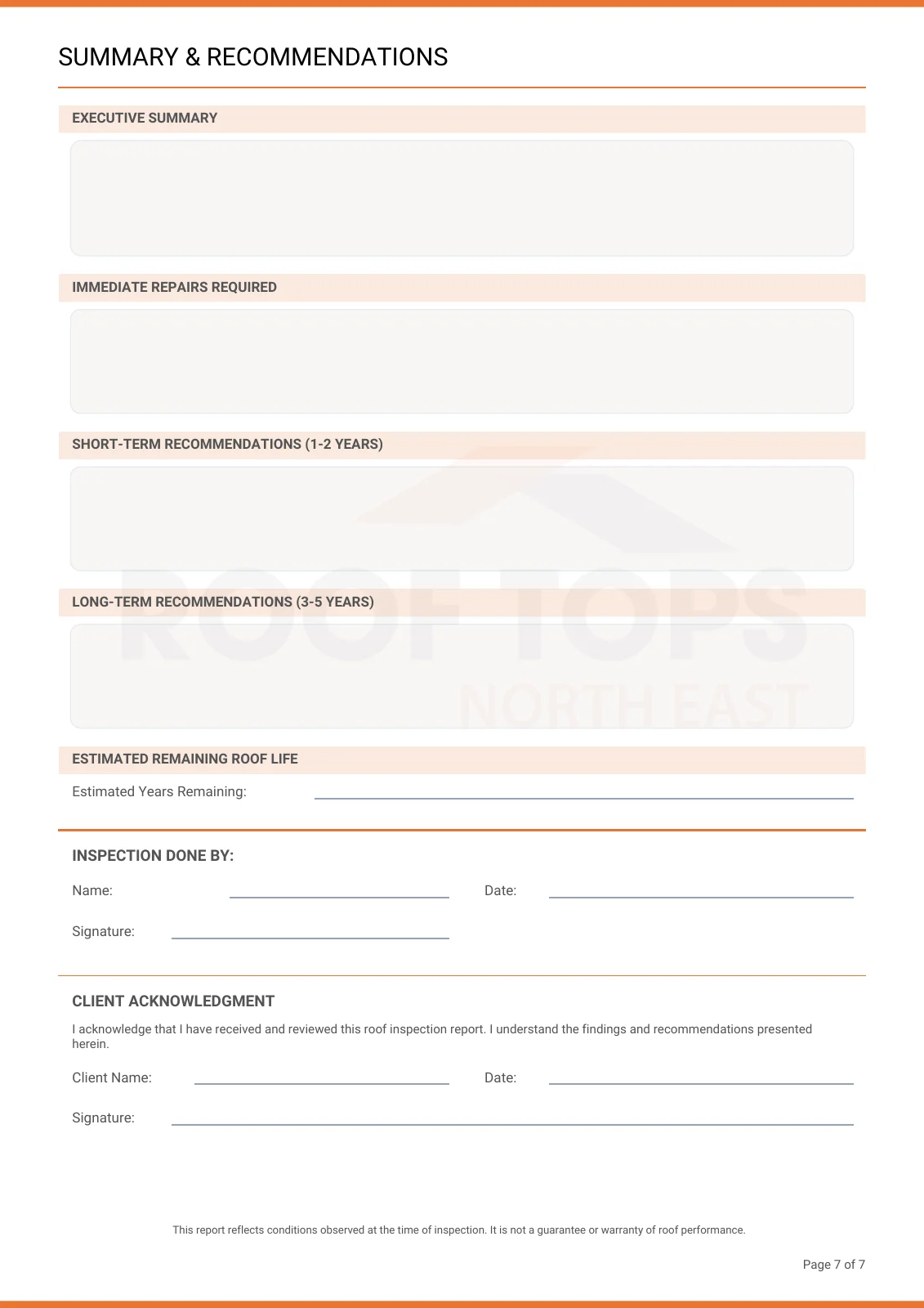 Page 7 of the branded roof inspection document designed for Roof Tops North East